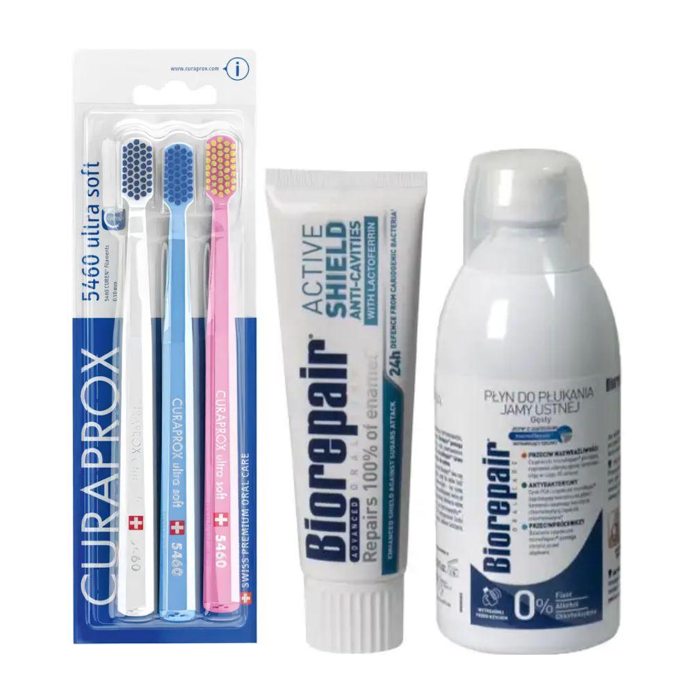 Набір зубних щіток Curaprox CS 5460/3 Ultra Soft + паста Biorepair Active Shield + ополіскувач BIOREPAIR відновлення емалі