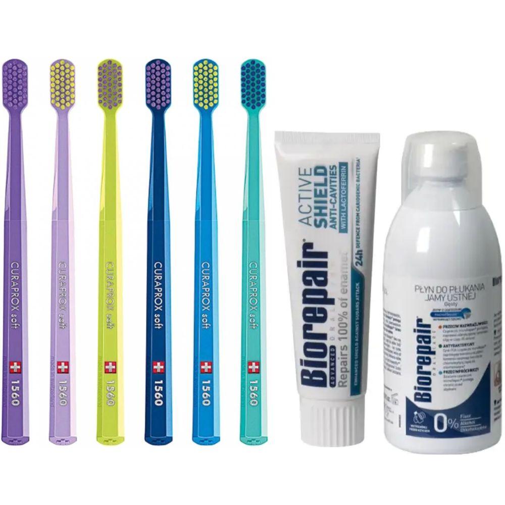 Зубна щітка Curaprox CS 1560 Soft для чутливих ясен + паста Biorepair Active Shield + ополіскувач BIOREPAIR відновлення емалі
