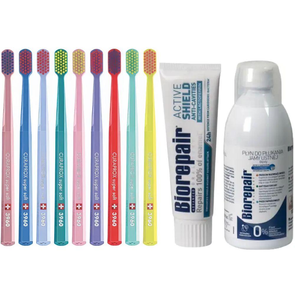 Зубна щітка Curaprox CS3960 Super Soft для чутливих ясен + паста Biorepair Active Shield + ополіскувач BIOREPAIR відновлення емалі