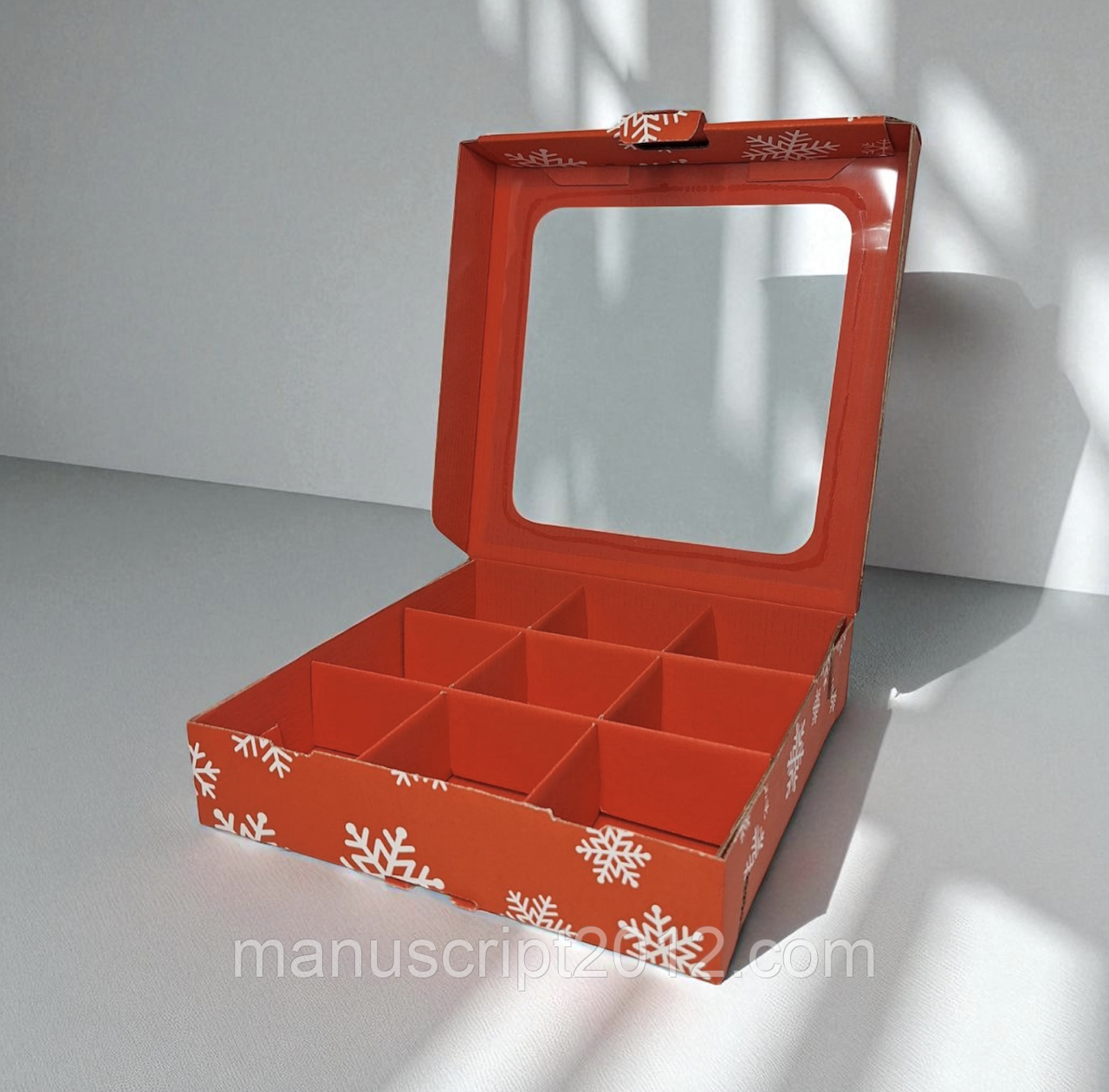 Коробка для горіхів, сухофруктів (250х250х55мм.) червона з білими сніжинками