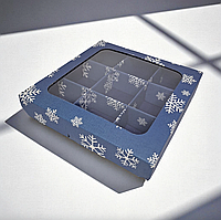 Коробка для горіхів, сухофруктів (250х250х55мм.) синя з білими сніжинками