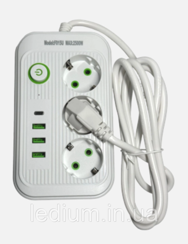 Мережевий фільтр 3 Розетки + 3 USB + 1 Type-C 2 Метра Білий