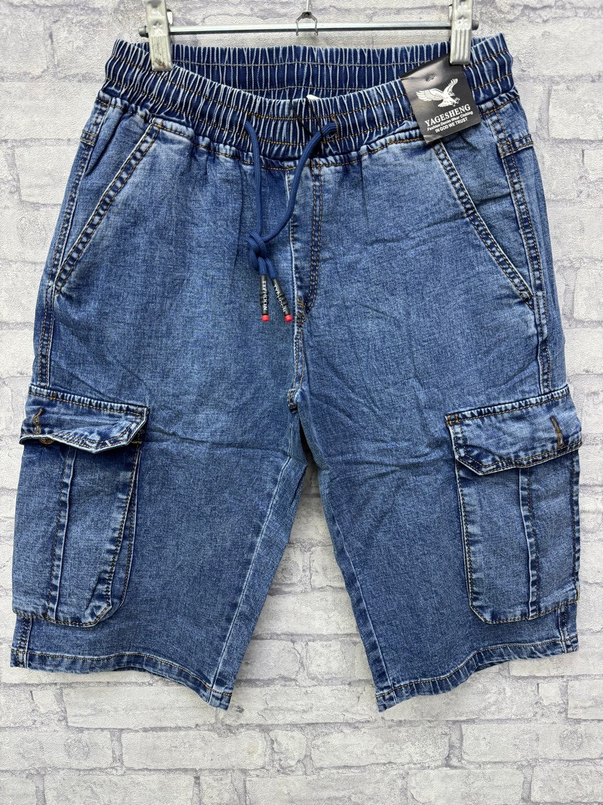 Чоловічі джинсові шорти на гумці та кишенями з боків у напівбатальному розмірі, фото 1