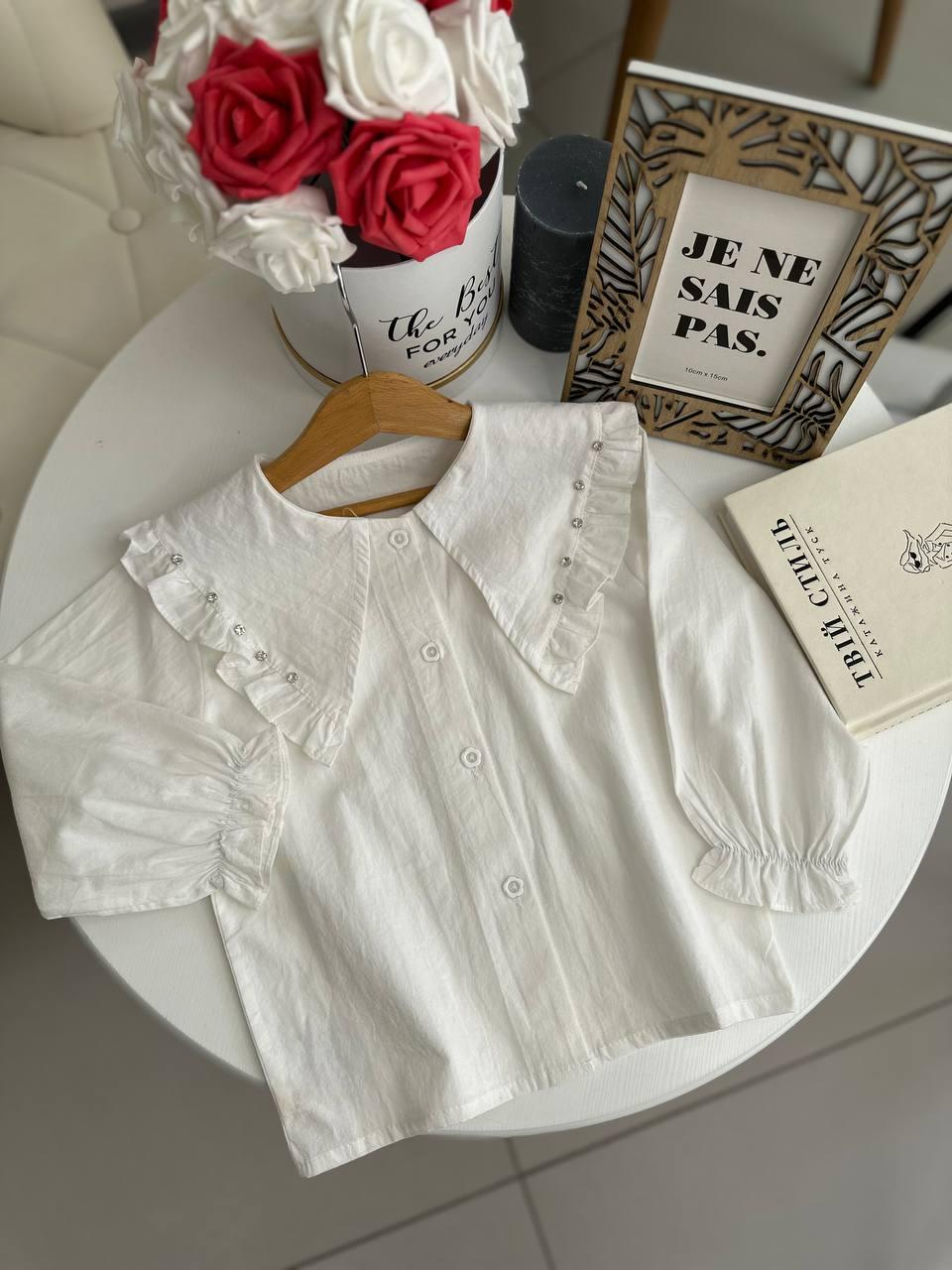 Блуза для дівчинки з коміром в камінці Білий 8051, 3, Білий, Для дівчаток, Весна Осінь, 104, фото 1