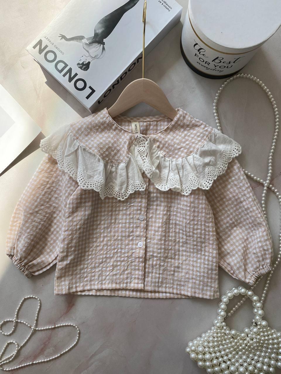 Блузка на дівчинку в клітку з мереживом Бежева W2202, 100, WPXJ, Бежевий, Для дівчаток, Весна Осінь, 98, фото 1
