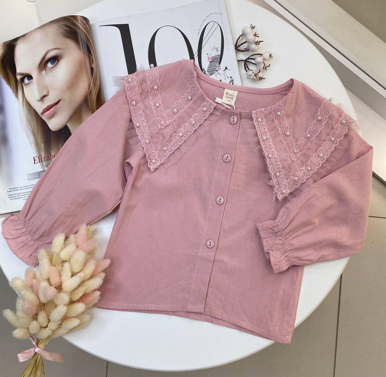 Блузка для дівчинки з намистом і коміром Пудра 22Q26, 95, Xuning, Пудровий, Для дівчаток, Весна Осінь, 104, фото 1