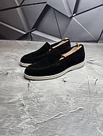 Демісезонні лофери з високоякісної м'якої натуральної замші колір чорний/бежевий