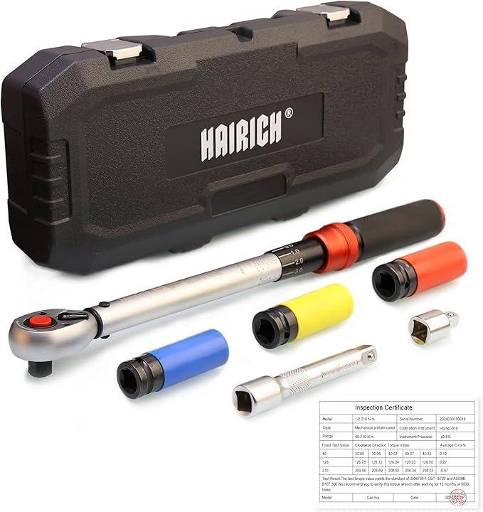 Hairich - Динамометричний ключ 1/2″ (40–210 Nm). Набір із 6 предметів, включаючи подовжувач 125 мм. Вітрина