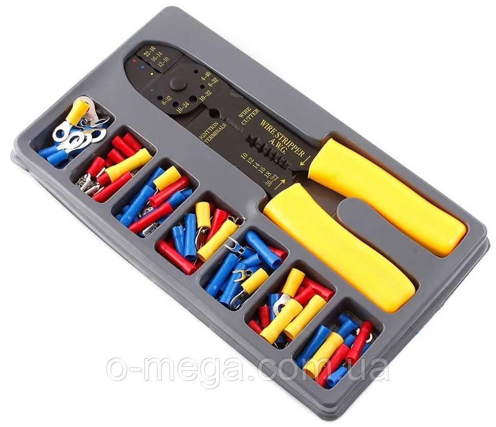 Кліщі VOREL 45050 для опресування та набір наконечників конекторів та гільз з ізоляцією 100 штук