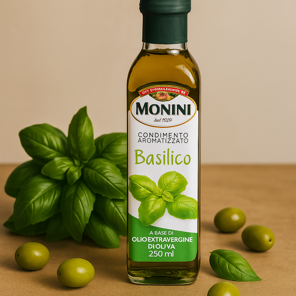 Олія оливкова Monini з базиліком Extra Virgin 250мл, фото 1