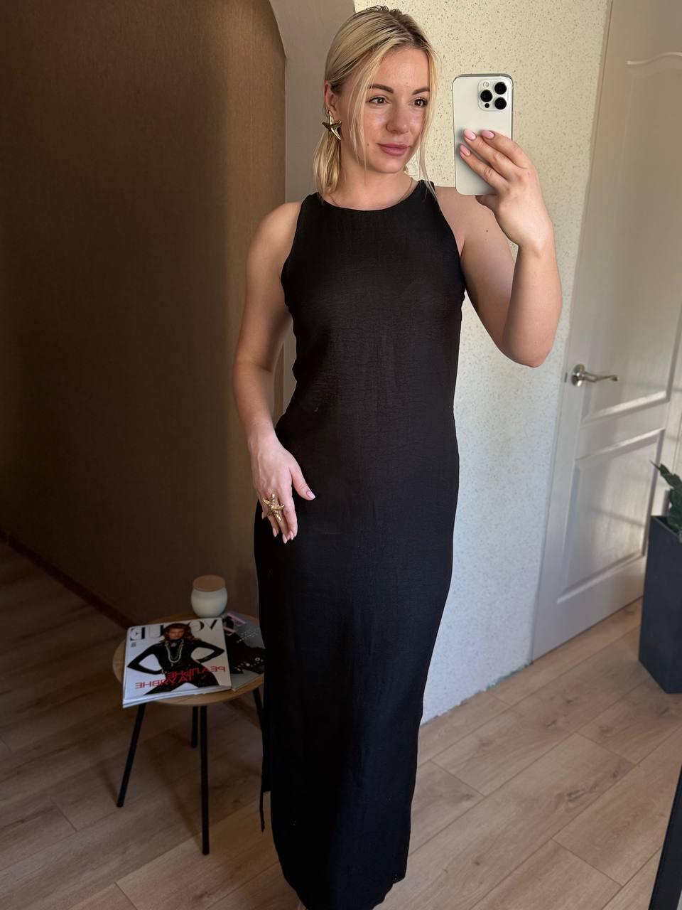 Жіноча чорна сукня напівприталеного крою з розрізом на ніжці спинка на прихованій застібці з льону бохо, фото 1