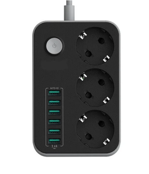 Мережевий подовжувач 3 розетки 6 USB портів для заряджання пристроїв 1.6 м із захистом від перегріву