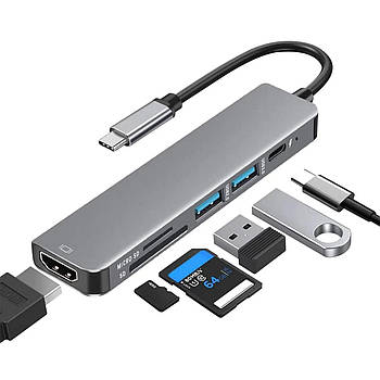 Універсальний USB-C хаб 6 в 1 з HDMI та кардрідерами для ноутбуків та смартфонів передачі даних та зарядки