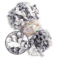 Пряжа Alize Puffy Fine Color №5925 Біло-сіро-чорна