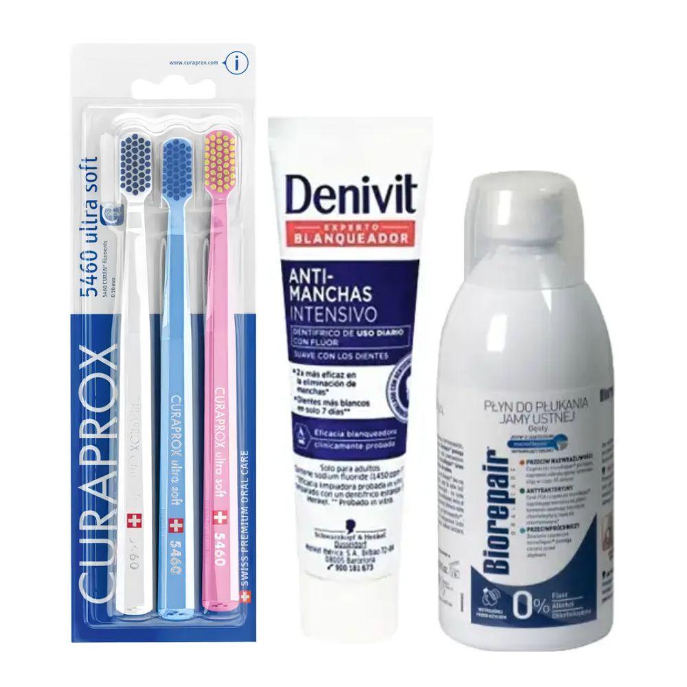 Набір зубних щіток Curaprox CS 5460/3 Ultra Soft + паста Denivit Anti-Stain відбілююча + ополіскувач BIOREPAIR відновлення емалі