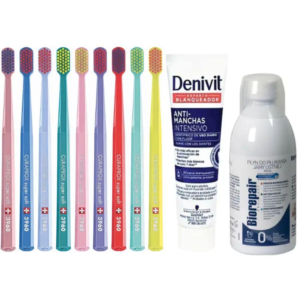 Зубна щітка Curaprox CS 3960 Super Soft для чутливих ясен + паста Denivit Anti-Stain відбілююча + ополіскувач BIOREPAIR