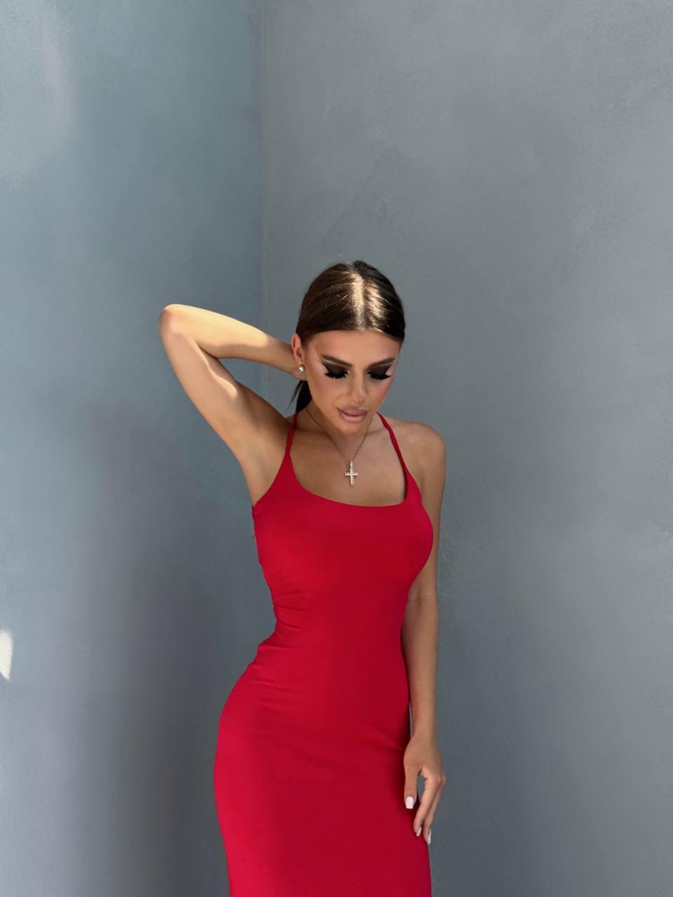 Червона літня однотонна довга сукня максі з турецької віскози з відкритою спиною з перехресними зав'язками, фото 1