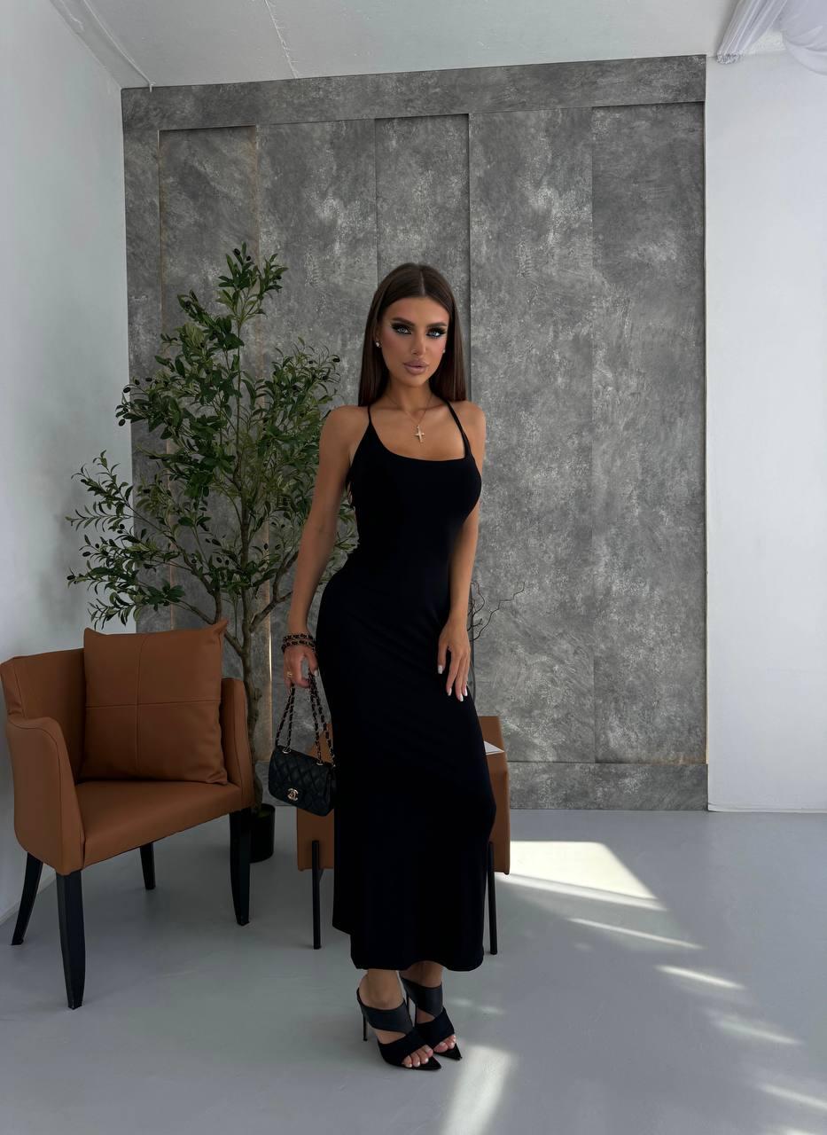 Чорна літня однотонна довга сукня максі з турецької віскози з відкритою спиною з перехресними зав'язками, фото 1