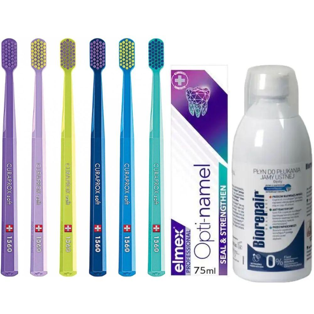 Зубна щітка Curaprox CS 1560 Soft для чутливих ясен + паста Elmex Opti-Namel для захисту емалі + ополіскувач BIOREPAIR