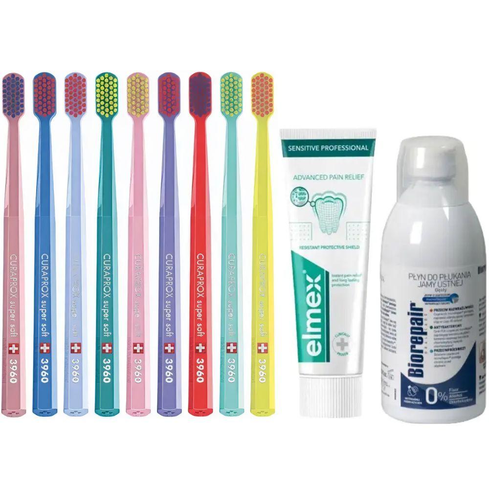 Зубна щітка Curaprox CS 3960 Super Soft для чутливих ясен + зубна паста Elmex Sensitive Professional + ополіскувач BIOREPAIR