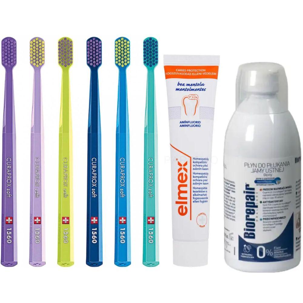 Зубна щітка Curaprox CS 1560 Soft для чутливих ясен і пародонтозу + паста Elmex Anti Caries Menthol Free + ополіскувач BIOREPAIR