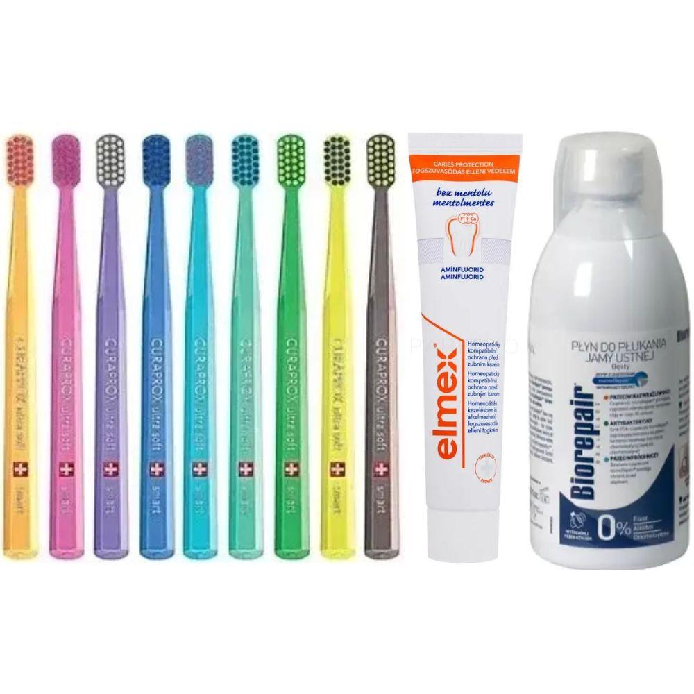 Зубная щетка Curaprox CS Smart 7600 з 5 років та дорослих + паста Elmex Anti Caries Menthol Free + ополіскувач BIOREPAIR