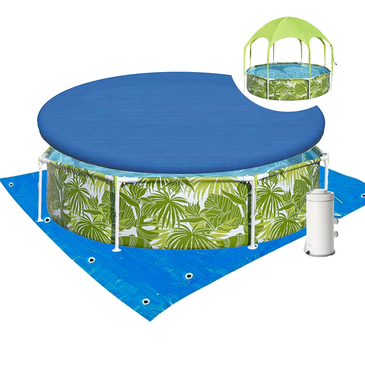 Каркасний басейн Bestway 56432-3, 244 x 51 см (навіс, душ, насос 2006 л/год, тент, підстилка)