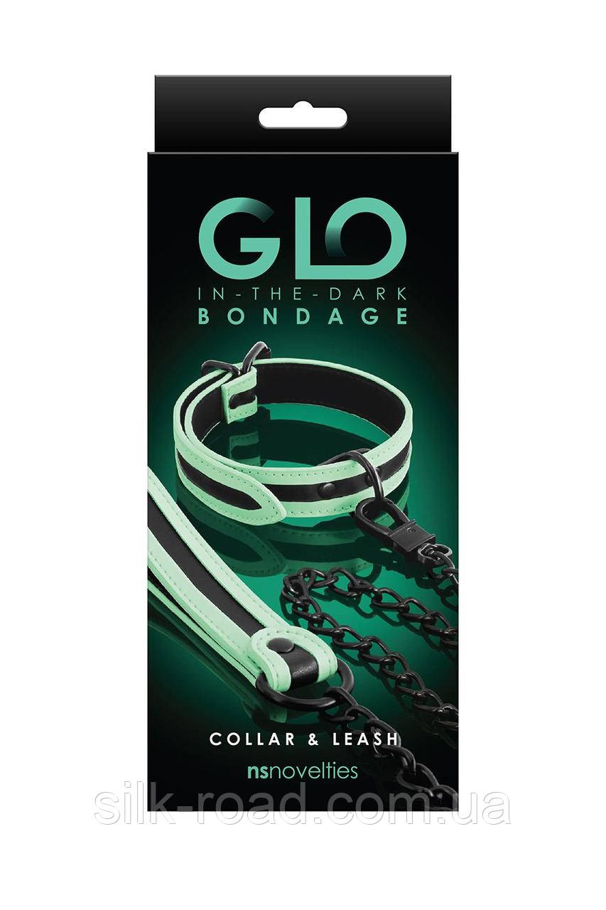 Нашийник з повідцем NS Novelties GLO Bondage Collar And Leash Green світяться в темряві