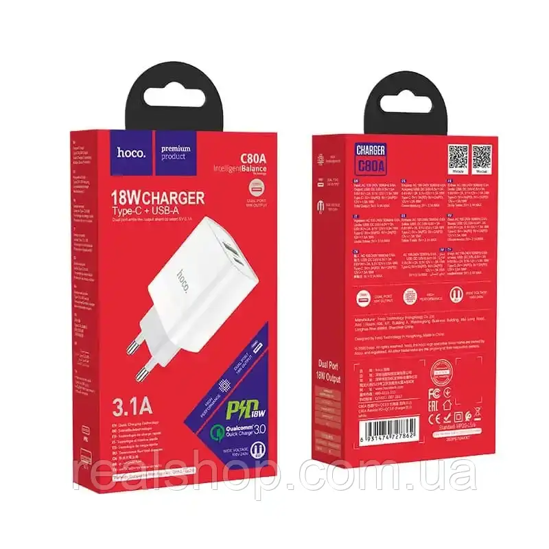 Зарядний пристрій Hoco C80A Plus PD Type-C 20 W, QC 3.0 USB-A 18W Max 3.0 A White, фото 1