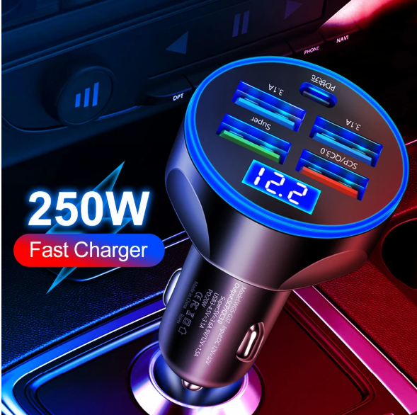 4usb PD 250W Type-C Швидкий зарядний пристрій в прикурювач авто, фото 1