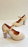 Жіночі бежеві туфлі середній стійкий каблук ремінець 36 37 38 40, фото 2