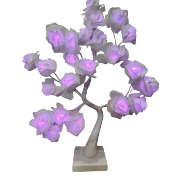 Нічник настільний Роза світиться, живлення 3 батарейки АА 24 led Білий стовбур та білі квітки, фото 1