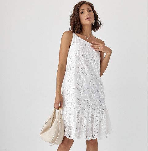 Літній жіночий сарафан на одній бретелі з прошви біле коротке плаття турція, фото 1