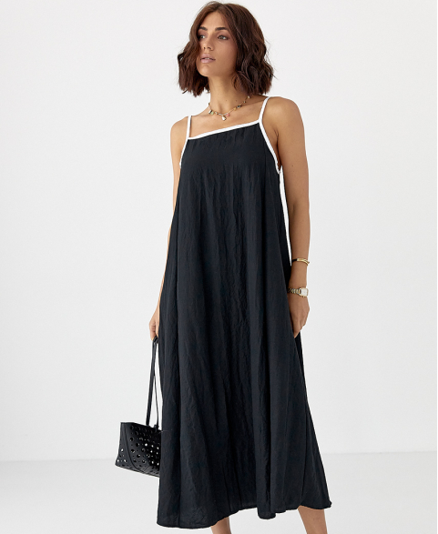 Літній довгий жіночий сарафан на тонких бретелях вільного крою чорний сарафан турція, фото 1