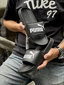 Чоловічі тапочки Puma Black White Літні чорні тапочки Пума м'які верх шкіряний шкіряні пляжні