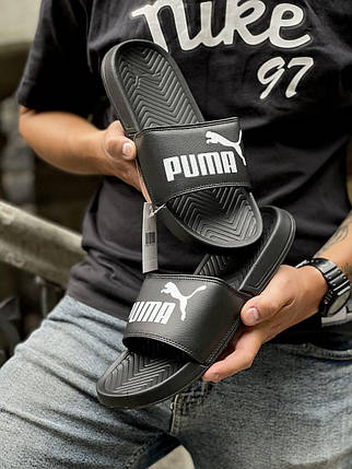 Чоловічі тапочки Puma Black White Літні чорні тапочки Пума м'які верх шкіряний шкіряні пляжні, фото 1