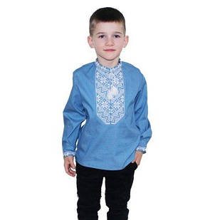 Вишиванка для хлопчика з білою вишивкою Козак, джинсова, ромб, довгий рукав, 4(104)