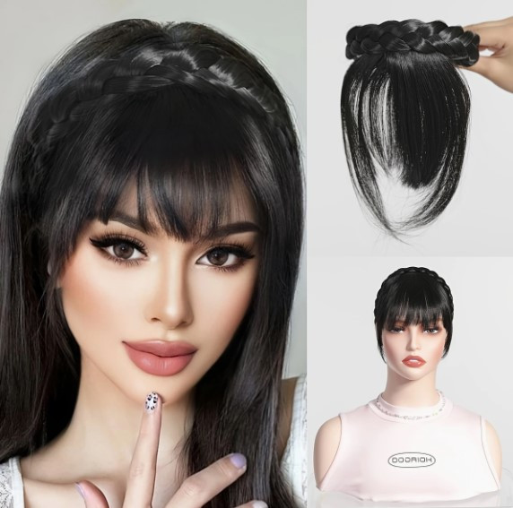 Накладна чубчик на обручі чорний колір штучна чубчик на обідку косичка термоволокно шиньйон, фото 1