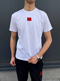 Літня чоловіча футболка HUGO White Хьюго біла футболка Туреччина червоне лого на грудях нашивка