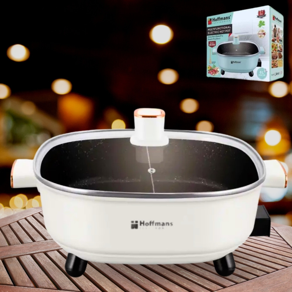 Електрокаструля з кришкою 6 л Hoffmans Electronics HM-3030 Каструля з антипригарним покриттям від мережі Бежева