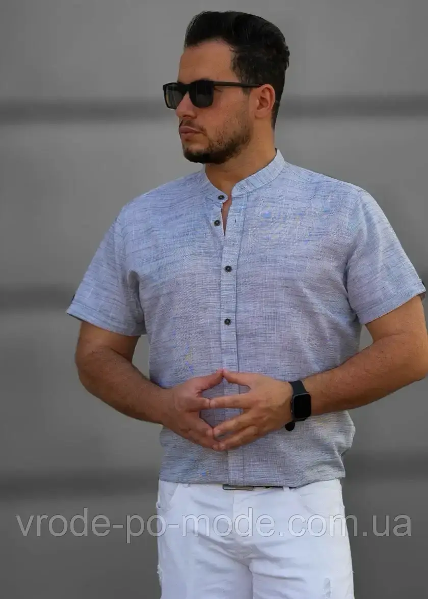Стильна бавовняна біла чоловіча сорочка під льон, з коротким рукавом, комір стійка, колекція 2025 року