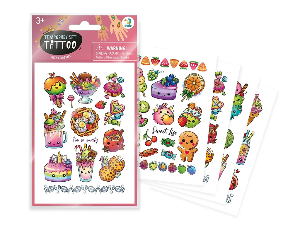 Набір дитячих тимчасових татуювань Солодкі мрії, DoDo 4 аркуша, DoDo, 10,5×15 см, від 3 років