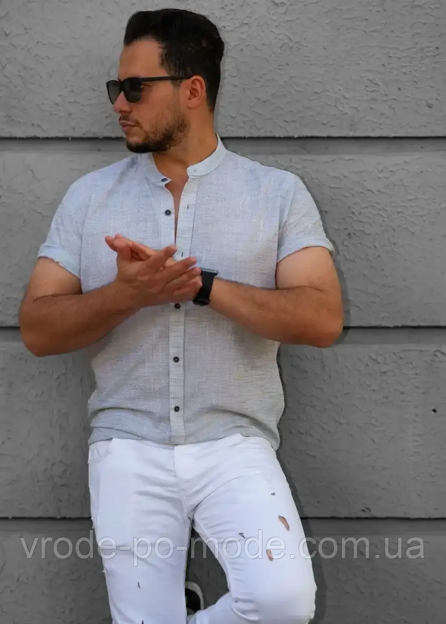 Стильна бавовняна оливкова чоловіча сорочка під льон, з коротким рукавом, комір стійка, колекція 2025 року