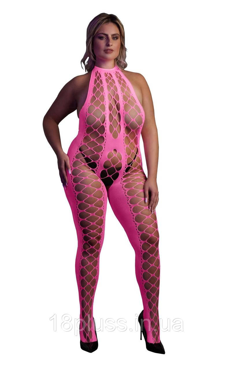 Бодістокінг, що світиться в темряві з коміром на шиї Ouch! Glow In The Dark Bodystocking With Halterneck Pink, XL/4XL, фото 1