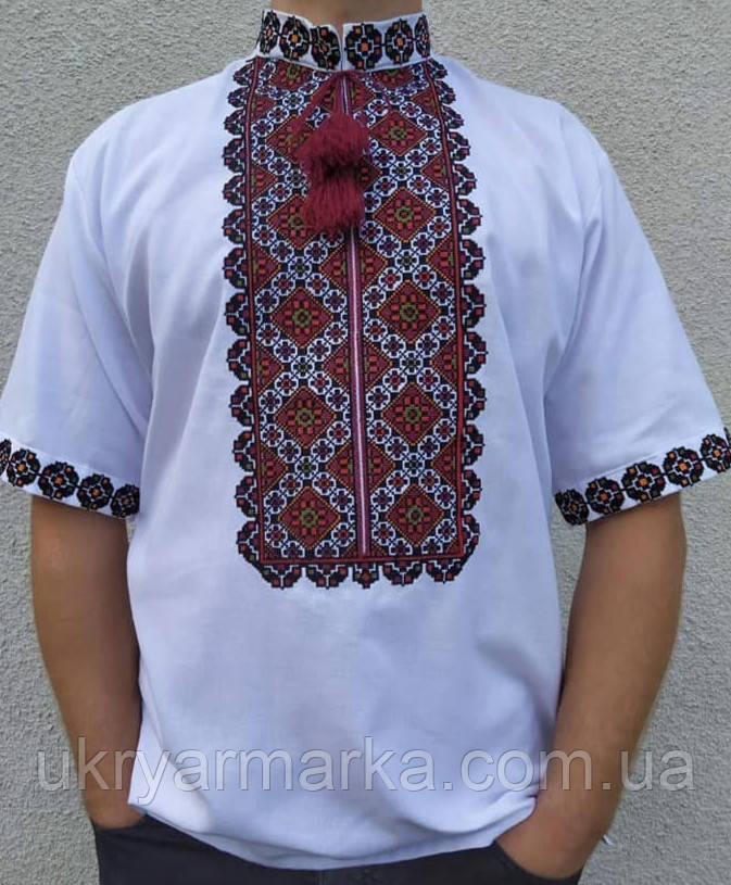 Біла чоловіча вишиванка багатим візерунком і коротким рукавом "Гайсин"