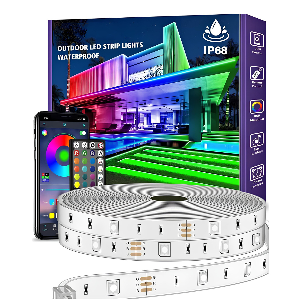 Вулична світлодіодна стрічка RGB 30 м IP68, водонепроникна з керуванням по Bluetooth і пультом, музичне підсвічування для саду,