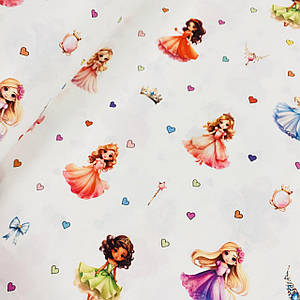 Ранфорс DIGITAL з цифровим друком 3D, принцеси із сердечками на білому (ТУРЦІЯ шир. 2,4 м) (R-F-0848)