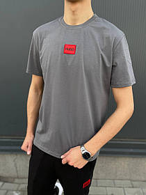 Чоловіча футболка Hugo Grey red logo Хьюго сіра футболка червоне лого на грудях нашивка Коттон