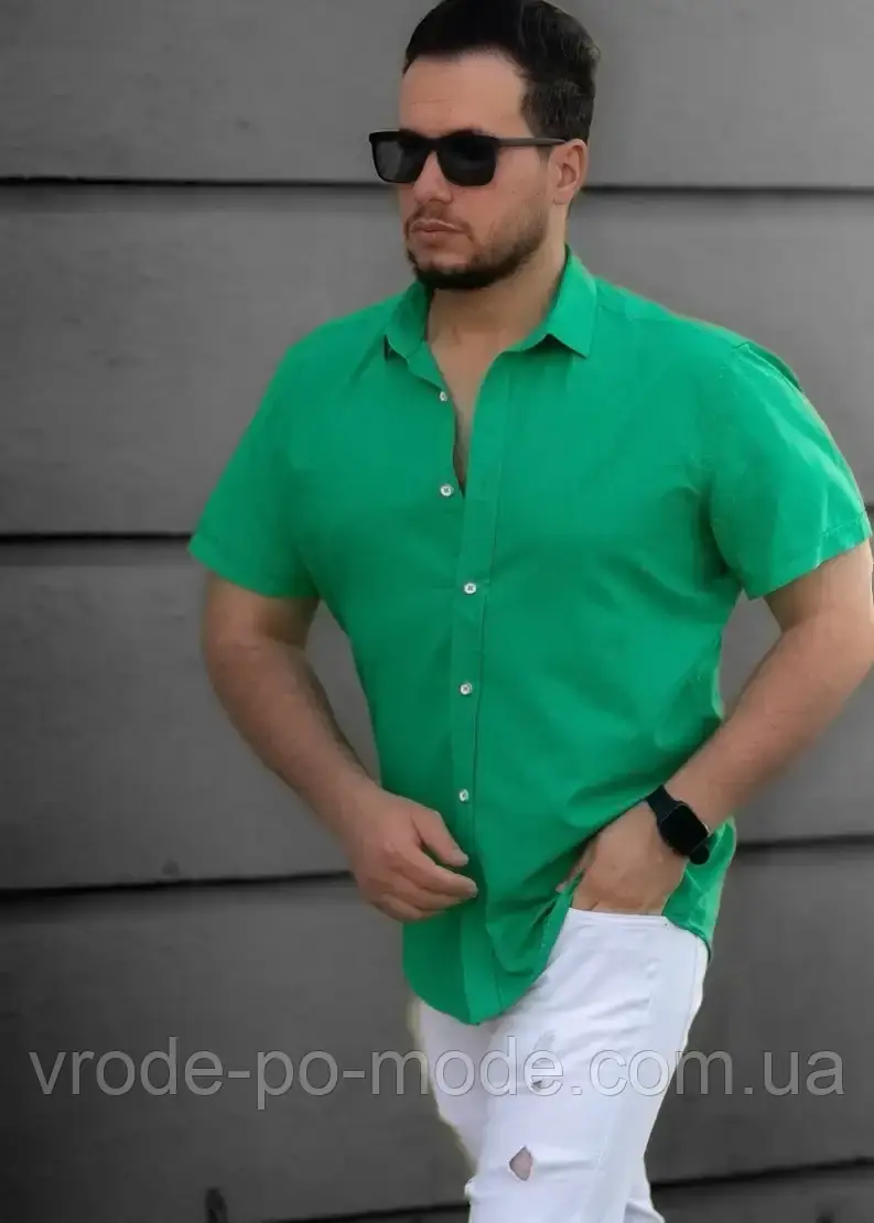 Стильна бавовняна зелена чоловіча сорочка під льон, короткий рукав, класичний комір, колекція 2025 року, фото 1