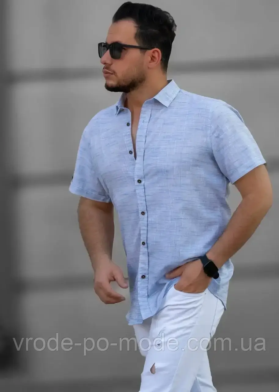 Стильна блакитна чоловіча сорочка під льон, короткий рукав, класичний комір, колекція 2025 року, фото 1